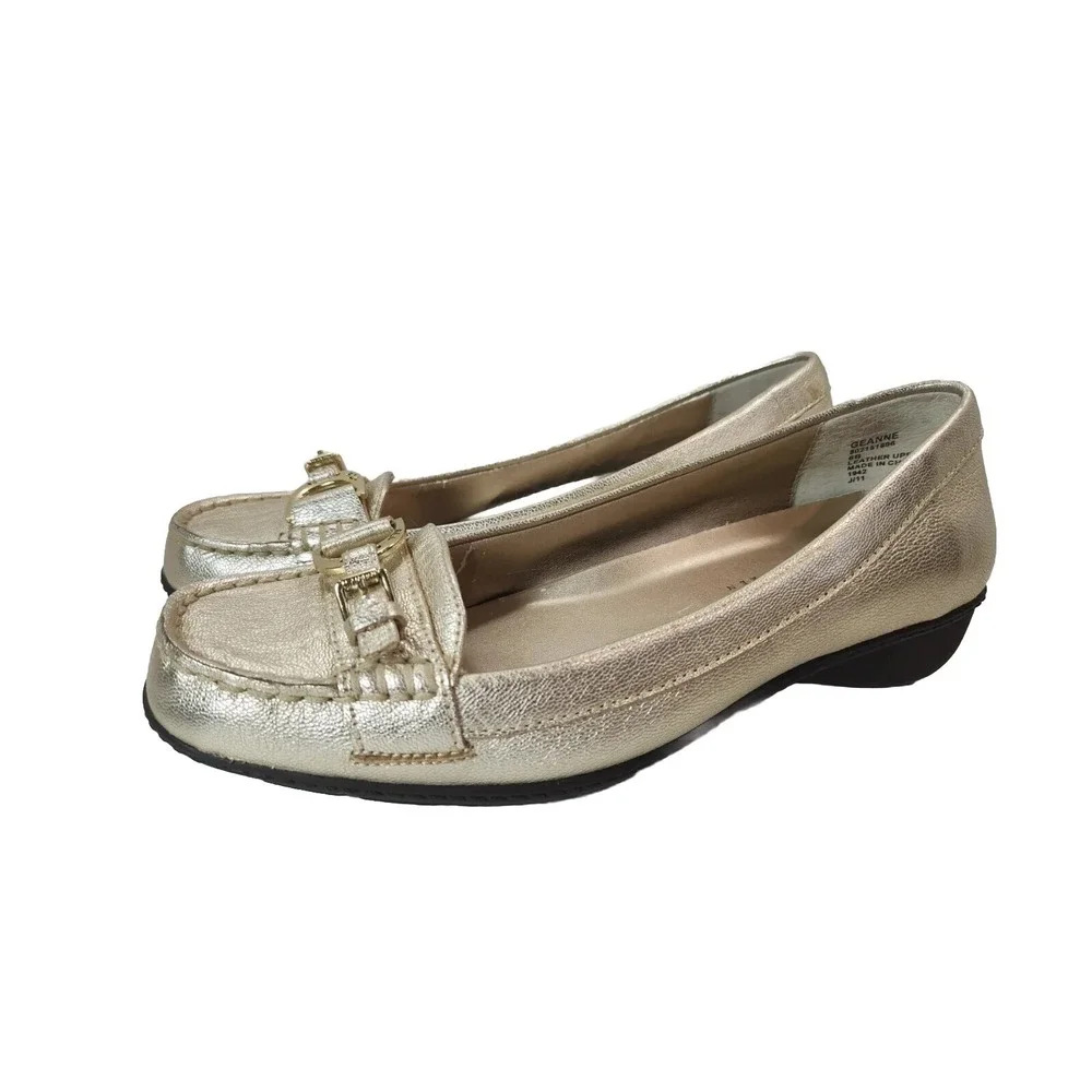 LRL Ralph Lauren Women's 6 B Metallic Gold Wedge Shoes Comfort Leather Slip On